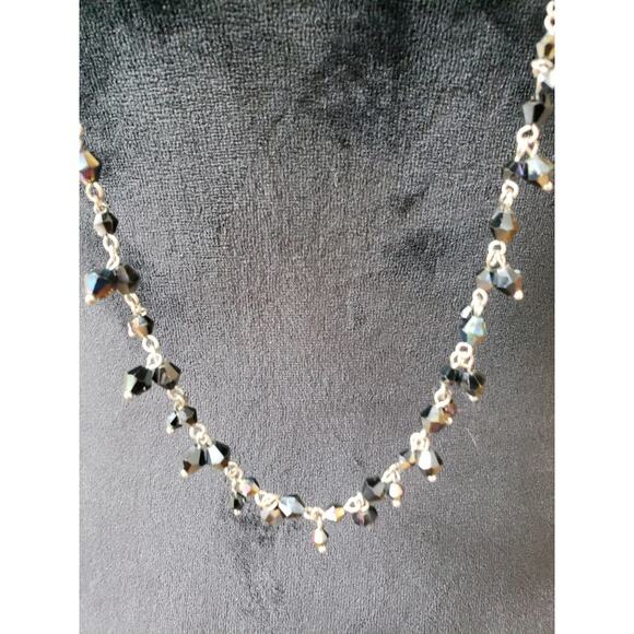 Women's Long Black Crystal Beaded Necklace Silver Chain No Clasp Handmade - Picture 3 of 5